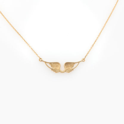 14K Solid Gold Angel Wings Necklace – Textured Wings Pendant with Milgrain Details