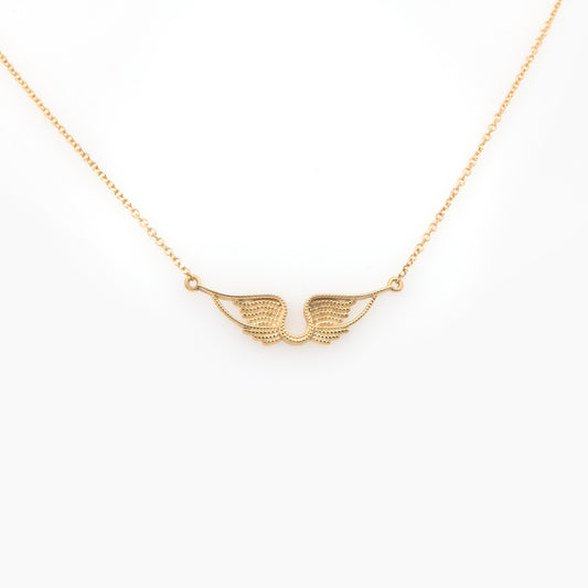14K Solid Gold Angel Wings Necklace – Textured Wings Pendant with Milgrain Details