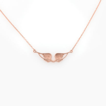 14K Solid Gold Angel Wings Necklace – Textured Wings Pendant with Milgrain Details