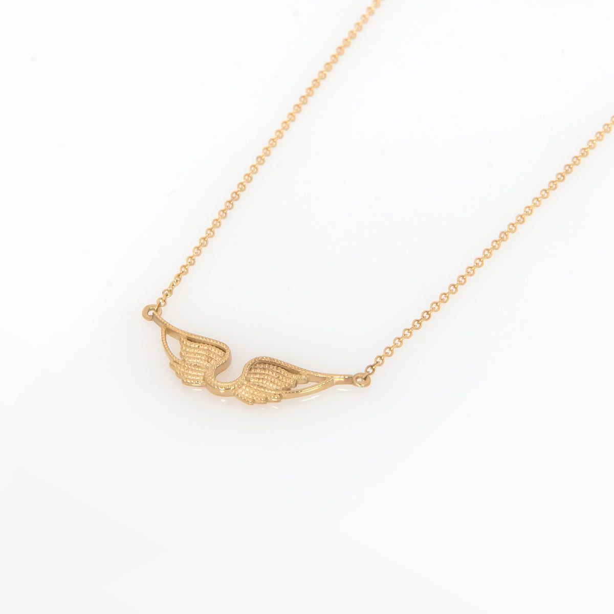 14K Solid Gold Angel Wings Necklace – Textured Wings Pendant with Milgrain Details