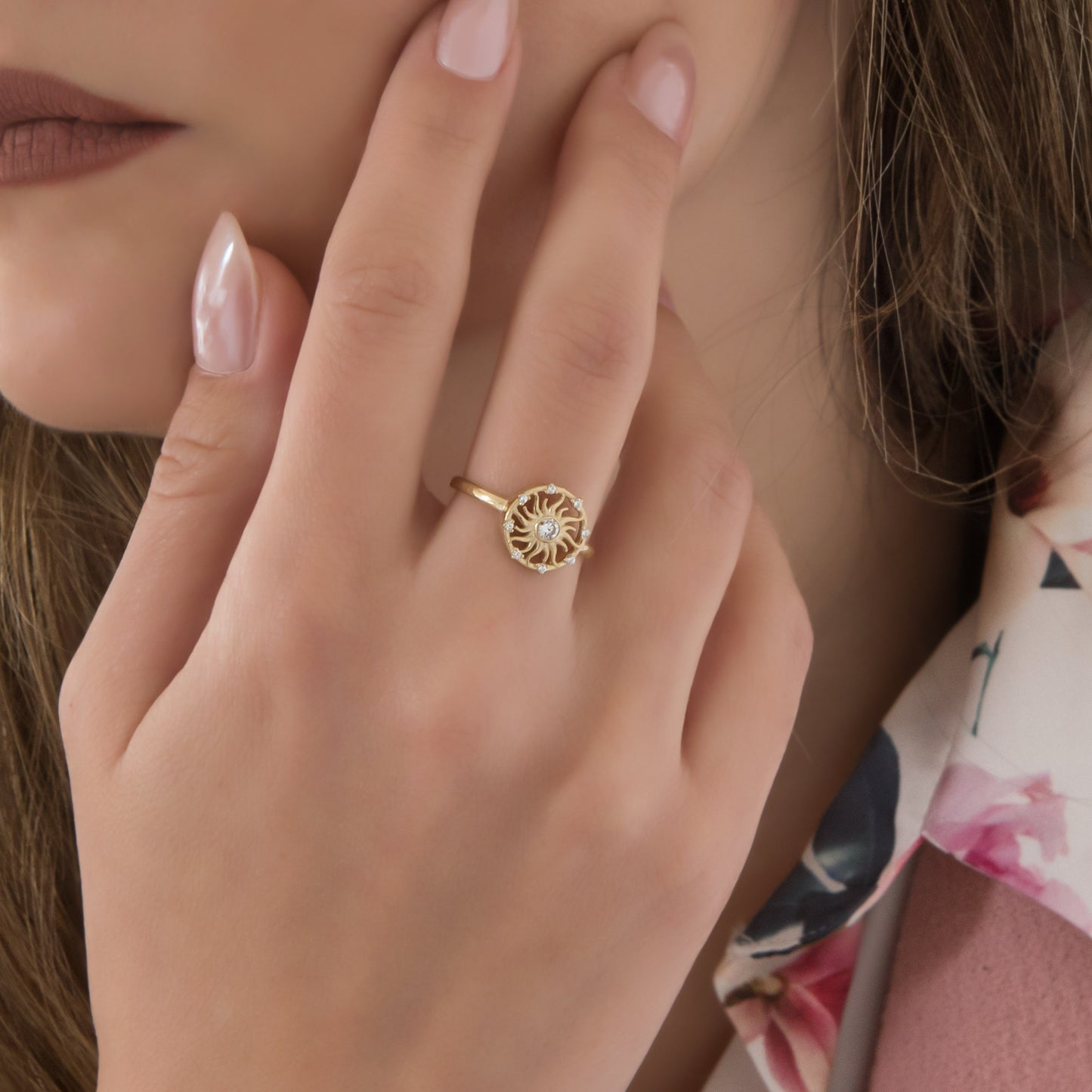 Gold Sunburst Ring with White Stones