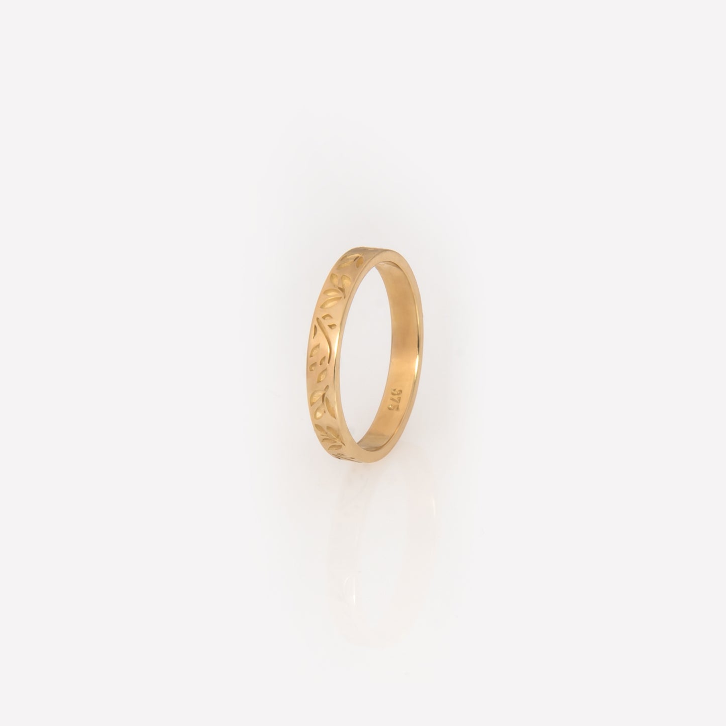 Solid Gold Olive Leaf Engraved Band Ring – Floral Stackable Ring