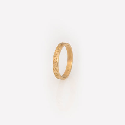 Solid Gold Olive Leaf Engraved Band Ring – Floral Stackable Ring