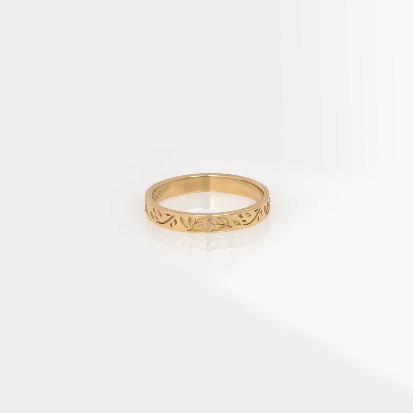Solid Gold Olive Leaf Engraved Band Ring – Floral Stackable Ring