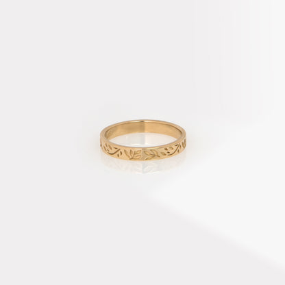 Solid Gold Olive Leaf Engraved Band Ring – Floral Stackable Ring