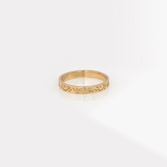 Solid Gold Olive Leaf Engraved Band Ring – Floral Stackable Ring