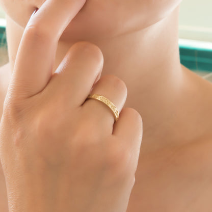 Solid Gold Olive Leaf Engraved Band Ring – Floral Stackable Ring