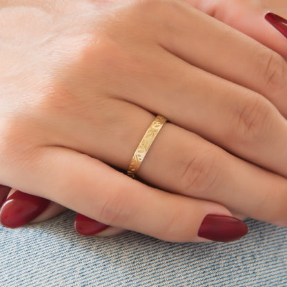 Solid Gold Olive Leaf Engraved Band Ring – Floral Stackable Ring