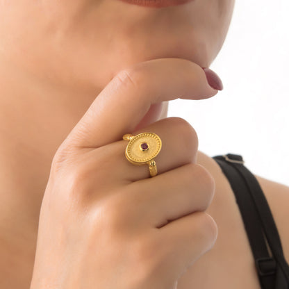 Solid Gold Oval Birthstone Ring – Vintage Milgrain Byzantine Ring