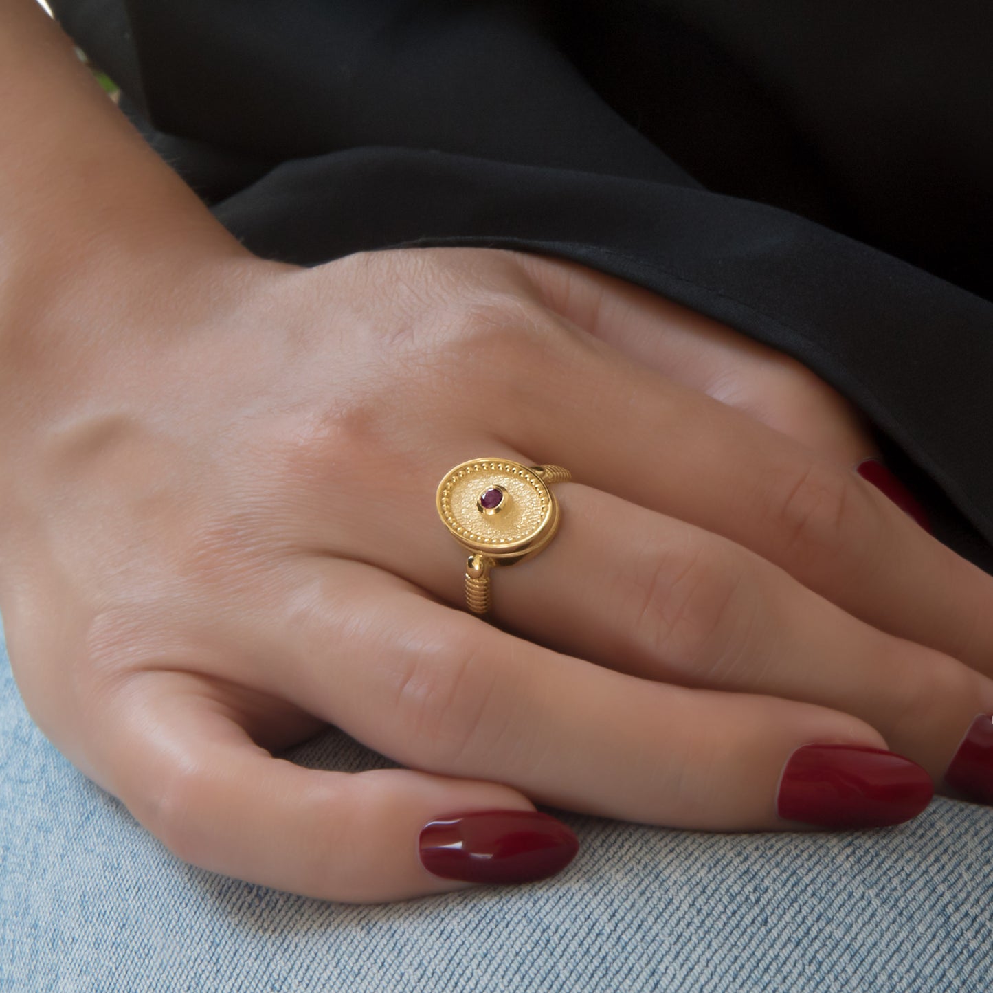 Solid Gold Oval Birthstone Ring – Vintage Milgrain Byzantine Ring