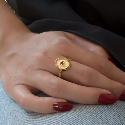 Solid Gold Oval Birthstone Ring – Vintage Milgrain Byzantine Ring