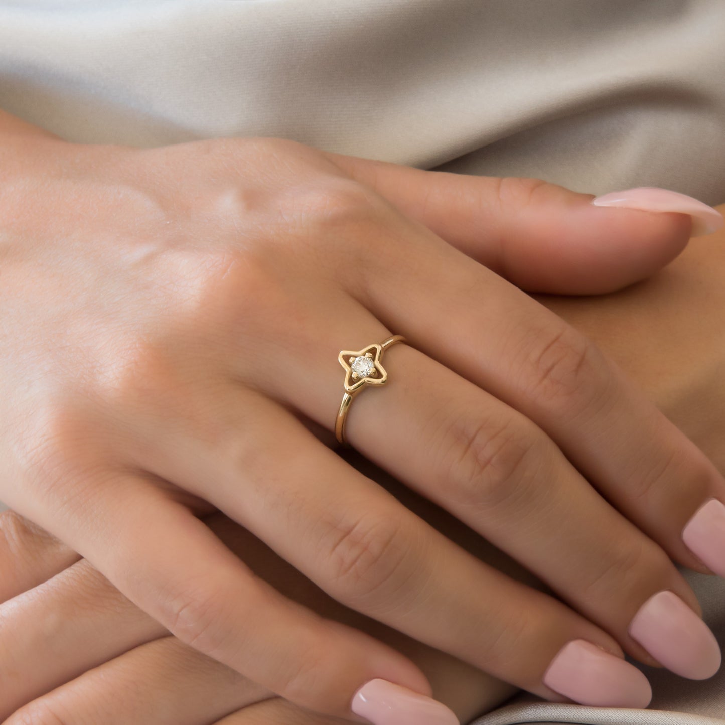 14K Gold Petal Clover Diamond Ring – Lab-Grown Diamond Floral Ring