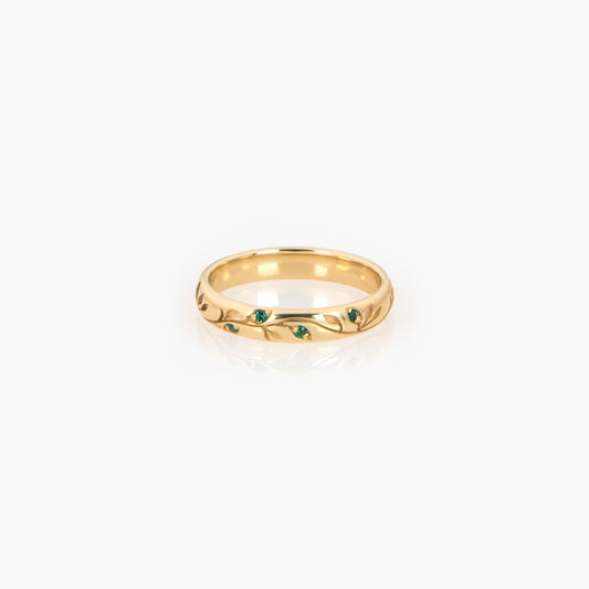Solid Gold Botanical Wedding Band – Verdure Engraved Leaf Ring with Gemstone Accents