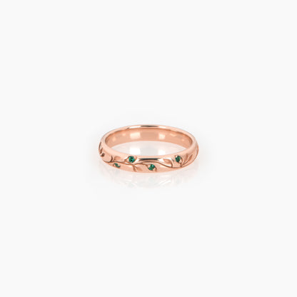 Solid Gold Botanical Wedding Band – Verdure Engraved Leaf Ring with Gemstone Accents
