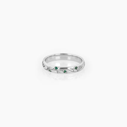 Solid Gold Botanical Wedding Band – Verdure Engraved Leaf Ring with Gemstone Accents