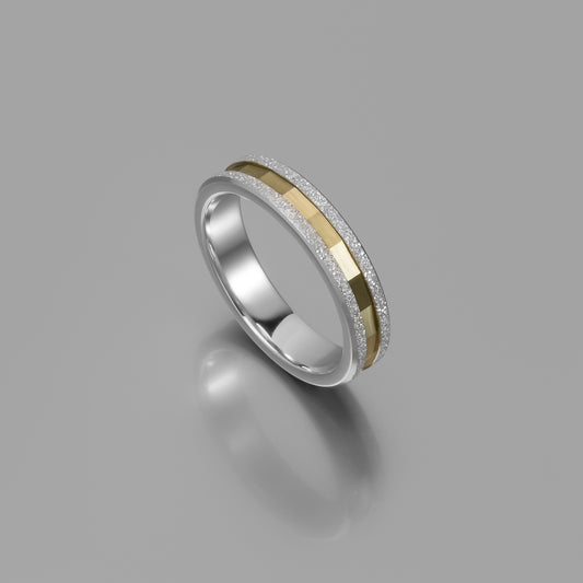 Sterling Silver & Solid Gold Faceted & Frosted Wedding Band