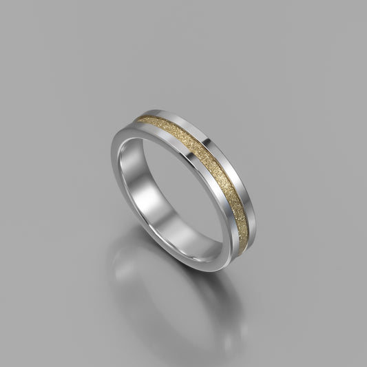 Sterling Silver Wedding Band with Hammered-Effect Solid Yellow Gold Inlay
