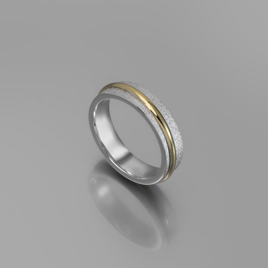 Sterling Silver Wedding Band with Polished Solid Yellow Gold Rail