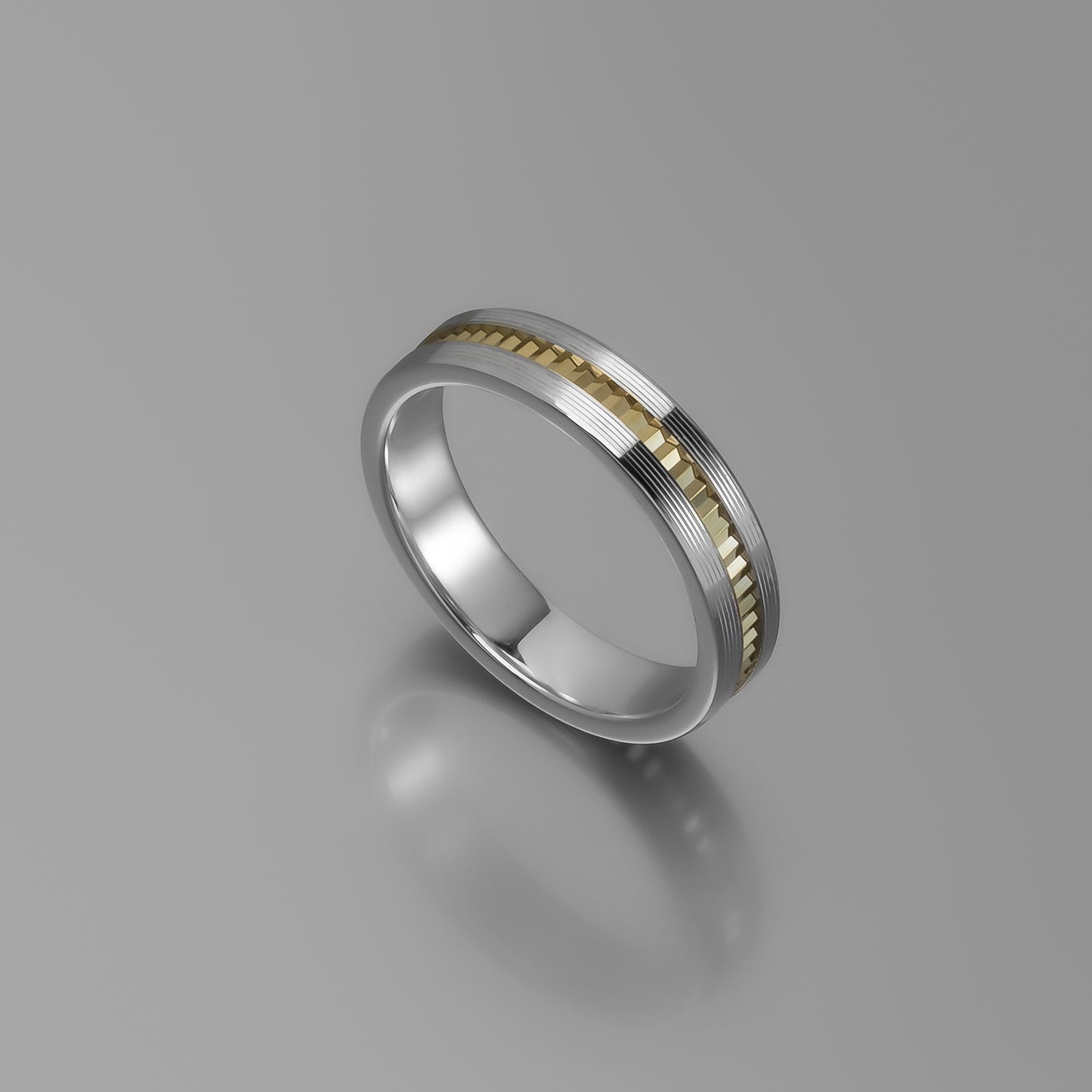 Sterling Silver & Solid Yellow Gold Hammered Facet Wedding Band