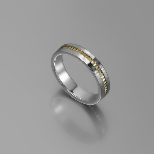 Sterling Silver & Solid Yellow Gold Hammered Facet Wedding Band