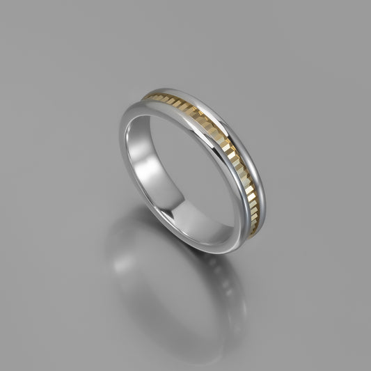 Polished Sterling Silver Wedding Band with Geometric Faceted Solid Gold Inlay