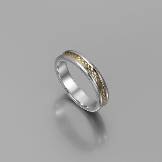 Sterling Silver Wedding Band with Diamond-Patterned Solid Yellow Gold Inlay