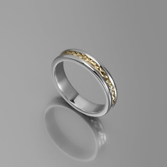 Sterling Silver Wedding Band with Star-Burst Engraved Solid Gold Inlay