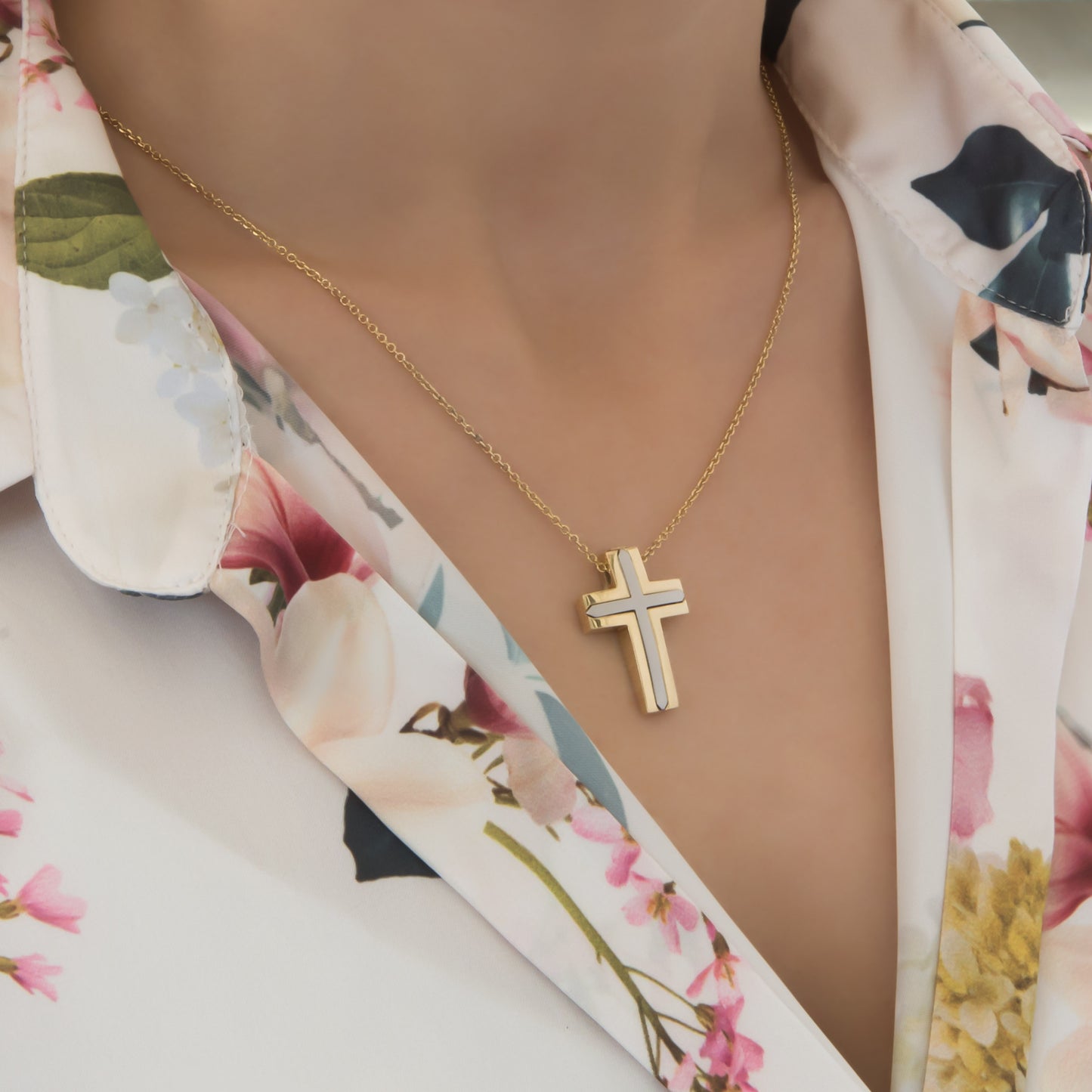 Two Tone Cross Pendant with chain