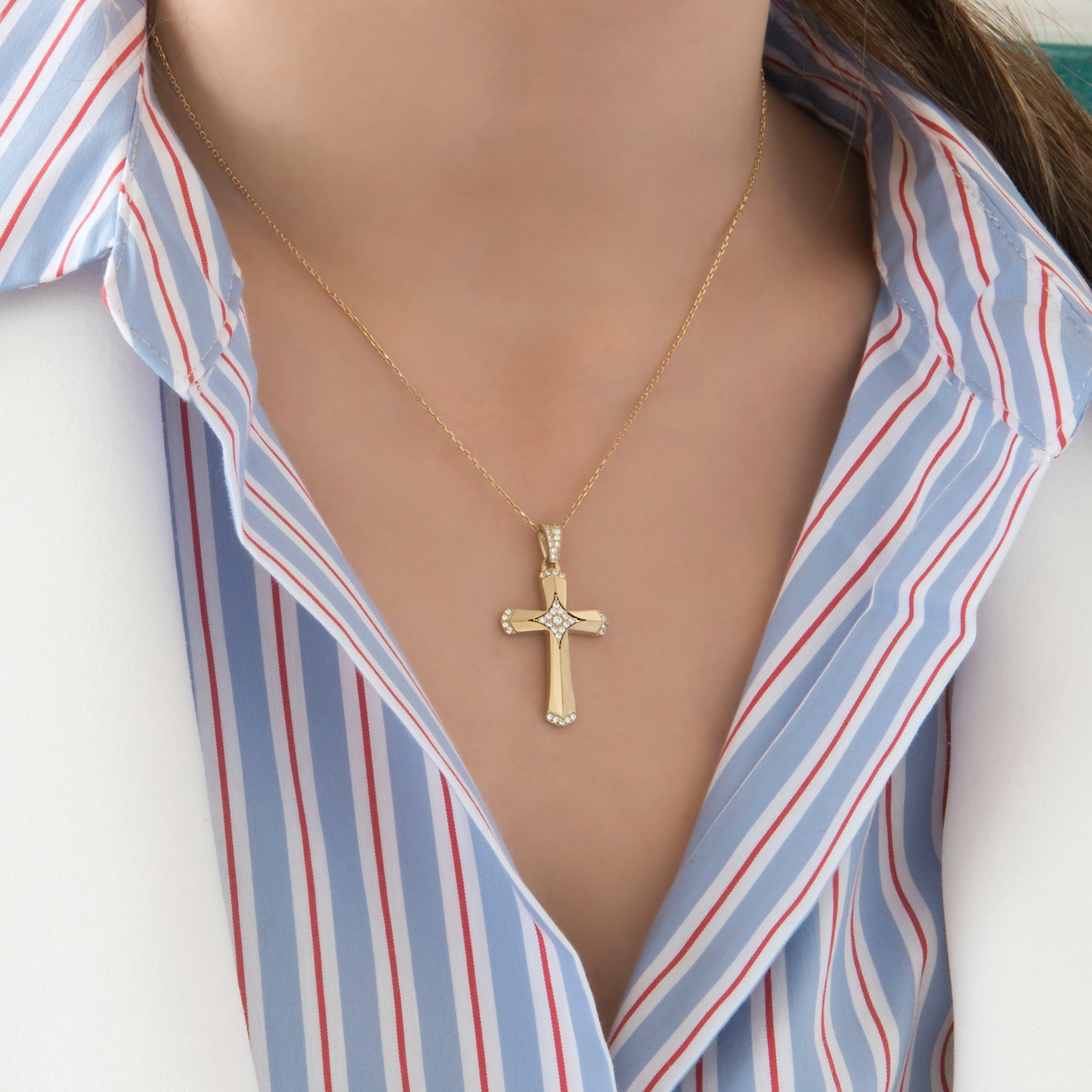 Yellow Gold 9k Cross Pendant with White Zirconia - Star Center Design