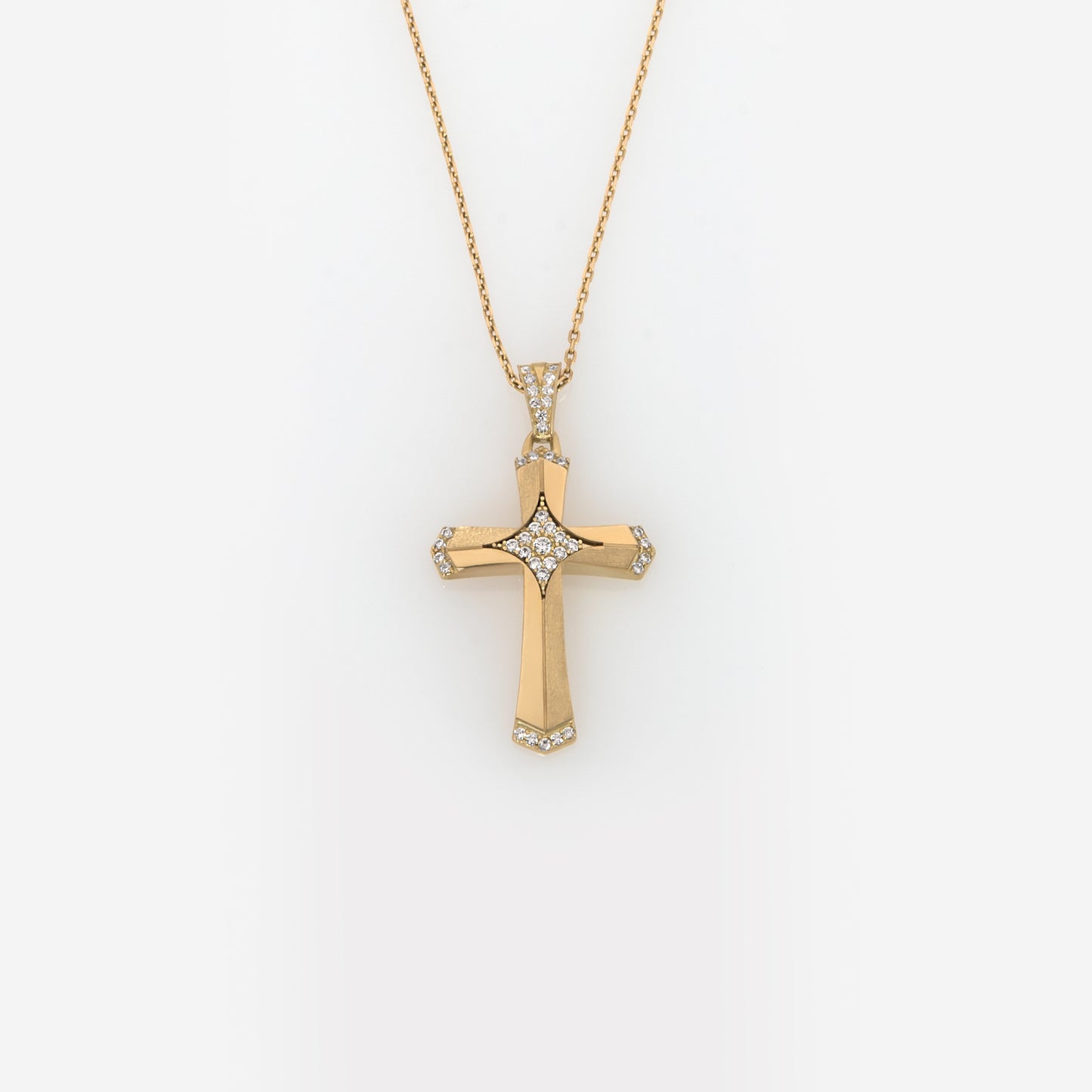 Yellow Gold 9k Cross Pendant with White Zirconia - Star Center Design