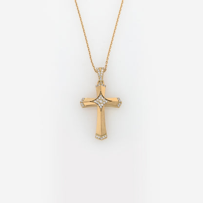 Yellow Gold 9k Cross Pendant with White Zirconia - Star Center Design