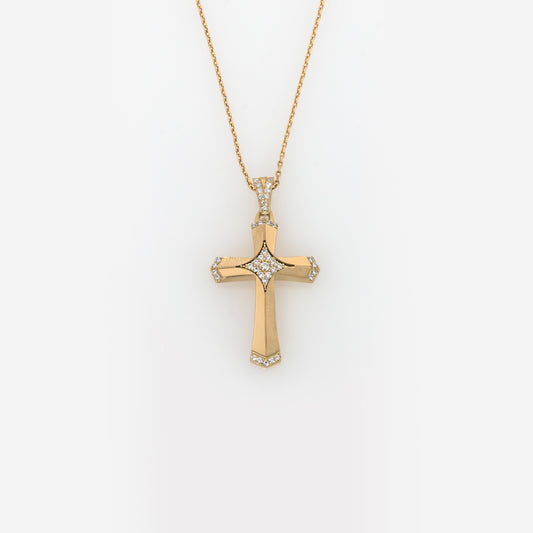 Yellow Gold Cross Pendant with White Zirconia - Star Center Design