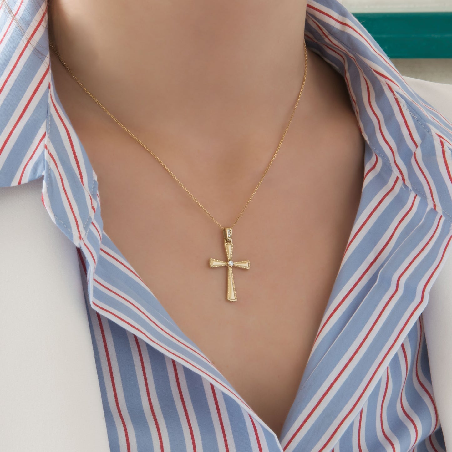 Yellow Gold Milgrain Cross Pendant with White CZ