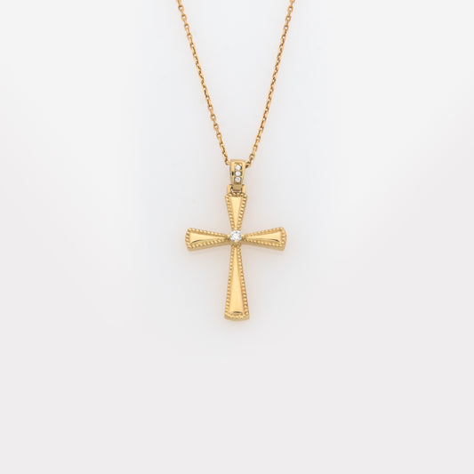 Yellow Gold Milgrain Cross Pendant with White CZ