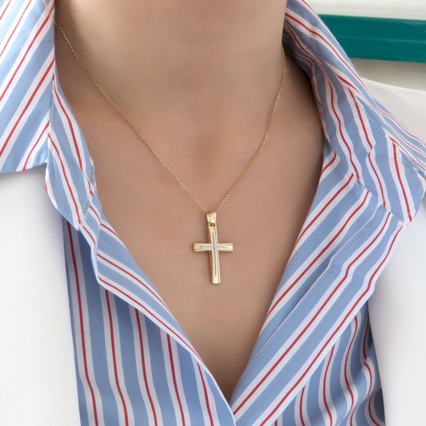 Yellow Gold Two-Tone Cross with Linear Texture & White Gold Accent