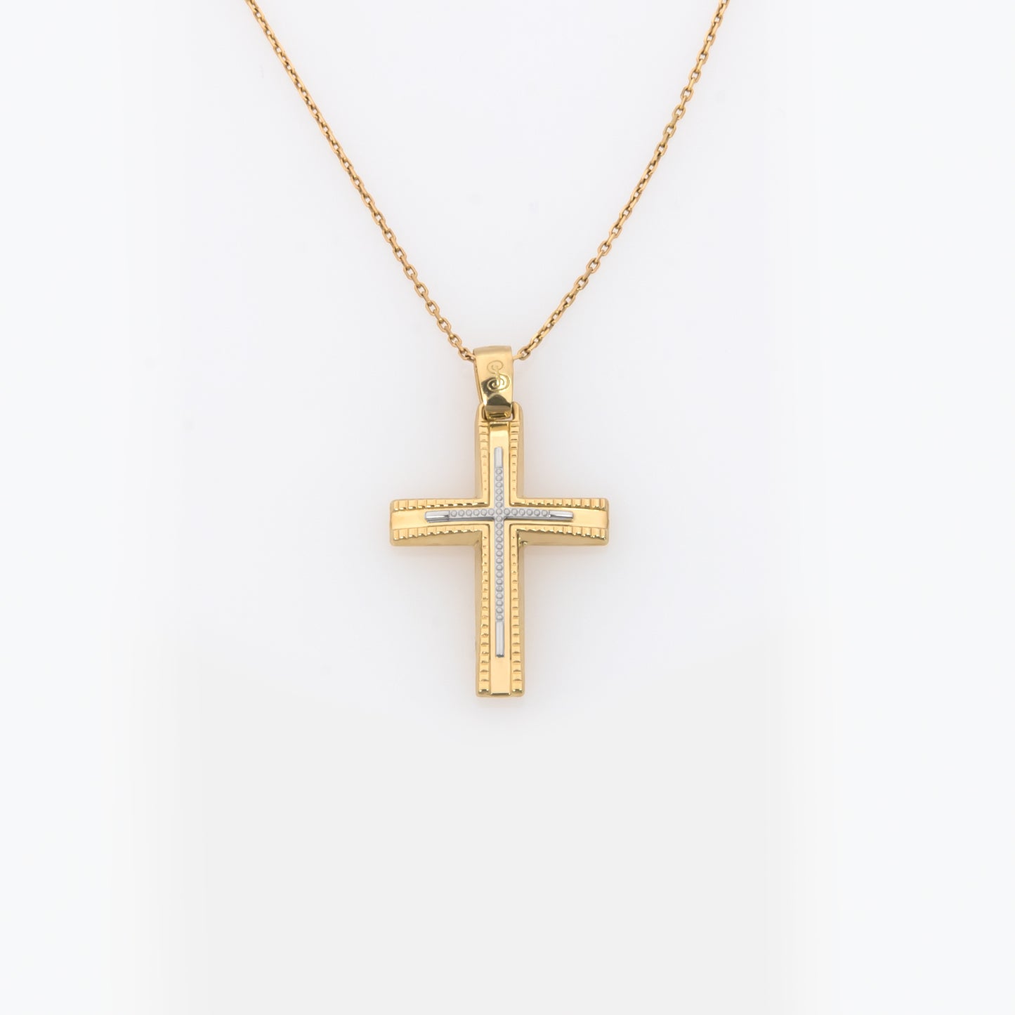 Yellow Gold Two-Tone Cross with Linear Texture & White Gold Accent