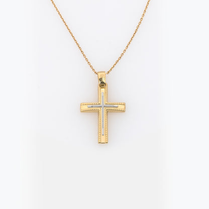 Yellow Gold Two-Tone Cross with Linear Texture & White Gold Accent