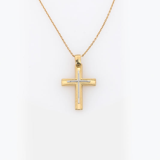 Yellow Gold Two-Tone Cross with Linear Texture & White Gold Accent
