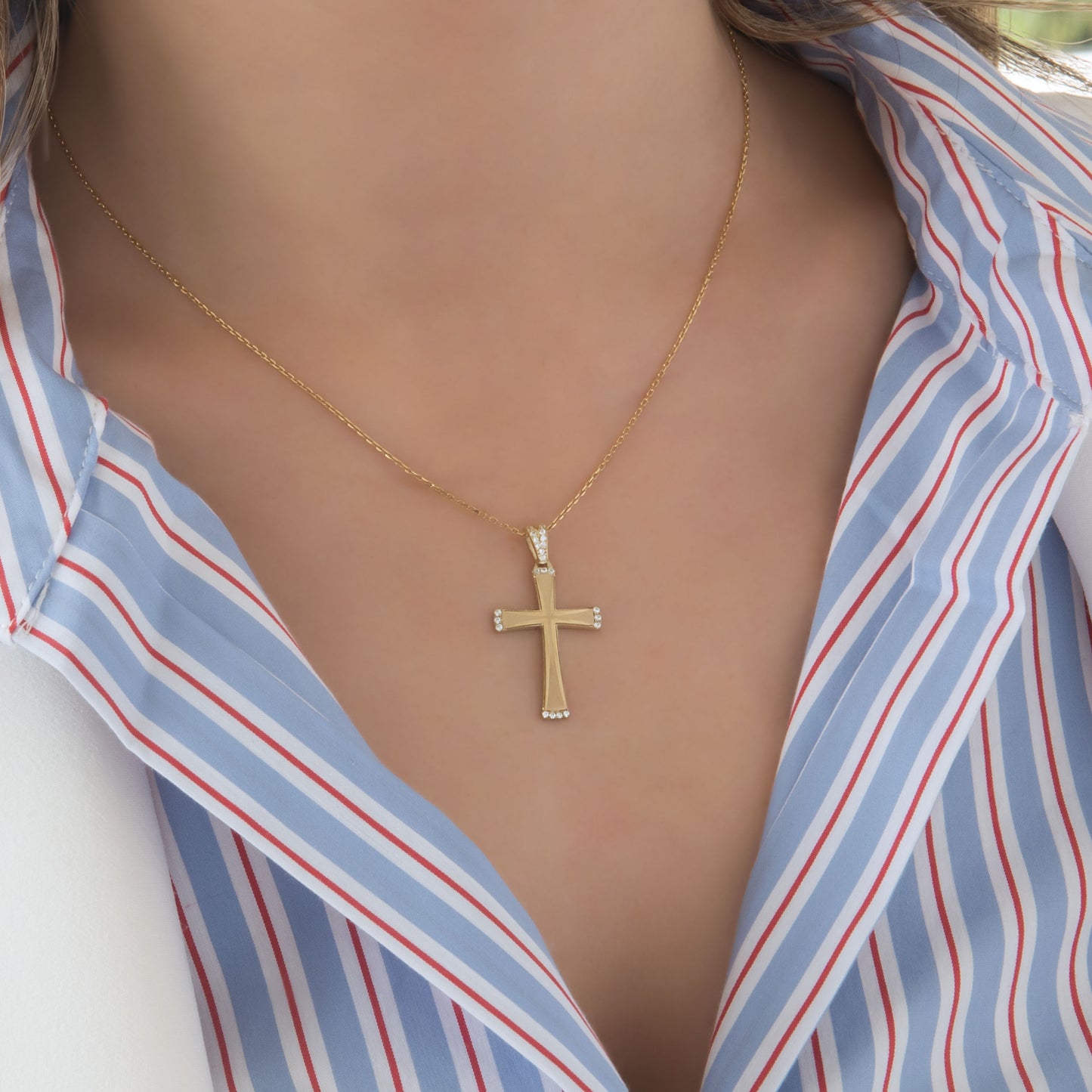 Yellow Gold 9k Cross Pendant with White Cubic Zirconia - Dual Finish