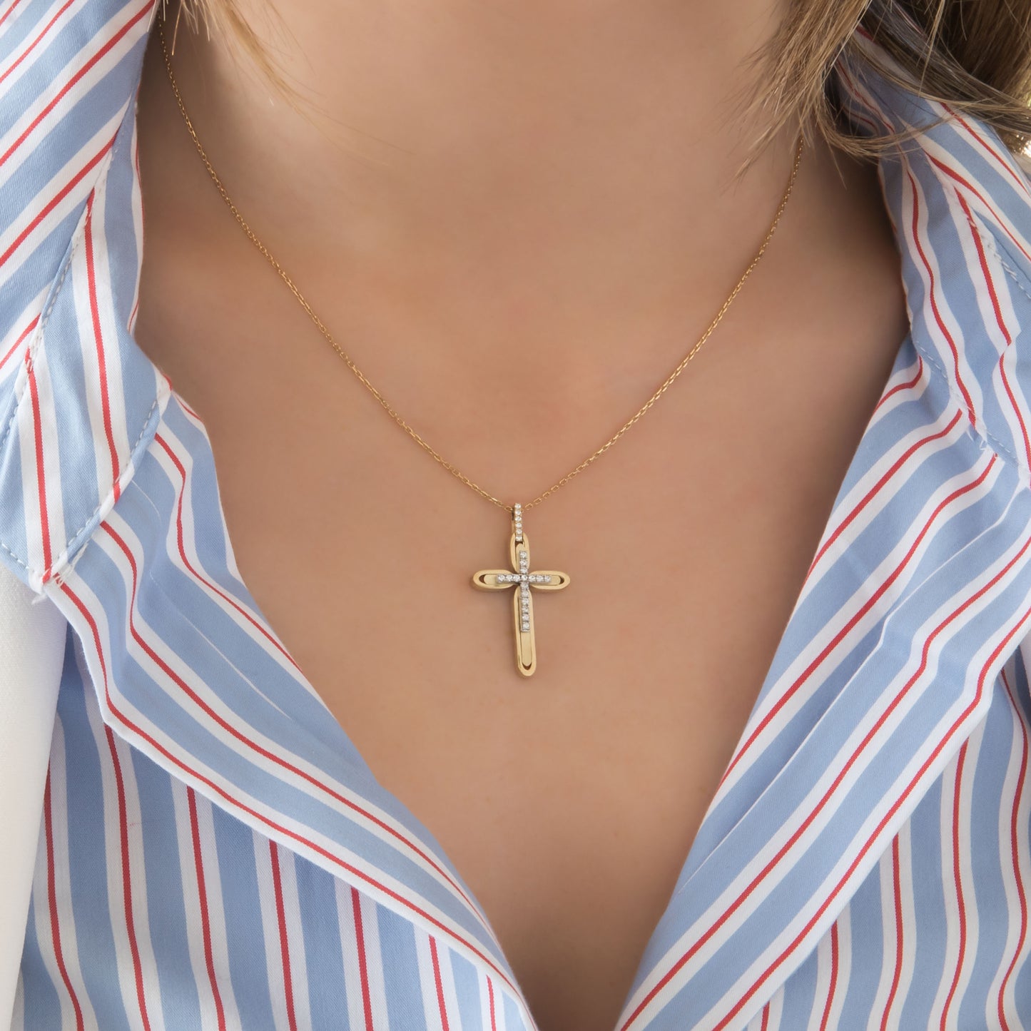 Yellow Gold 9K Double Layer Cross Pendant with White Zirconia – Polished & Matte Finish