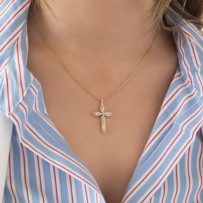 Yellow Gold 9K Double Layer Cross Pendant with White Zirconia – Polished & Matte Finish