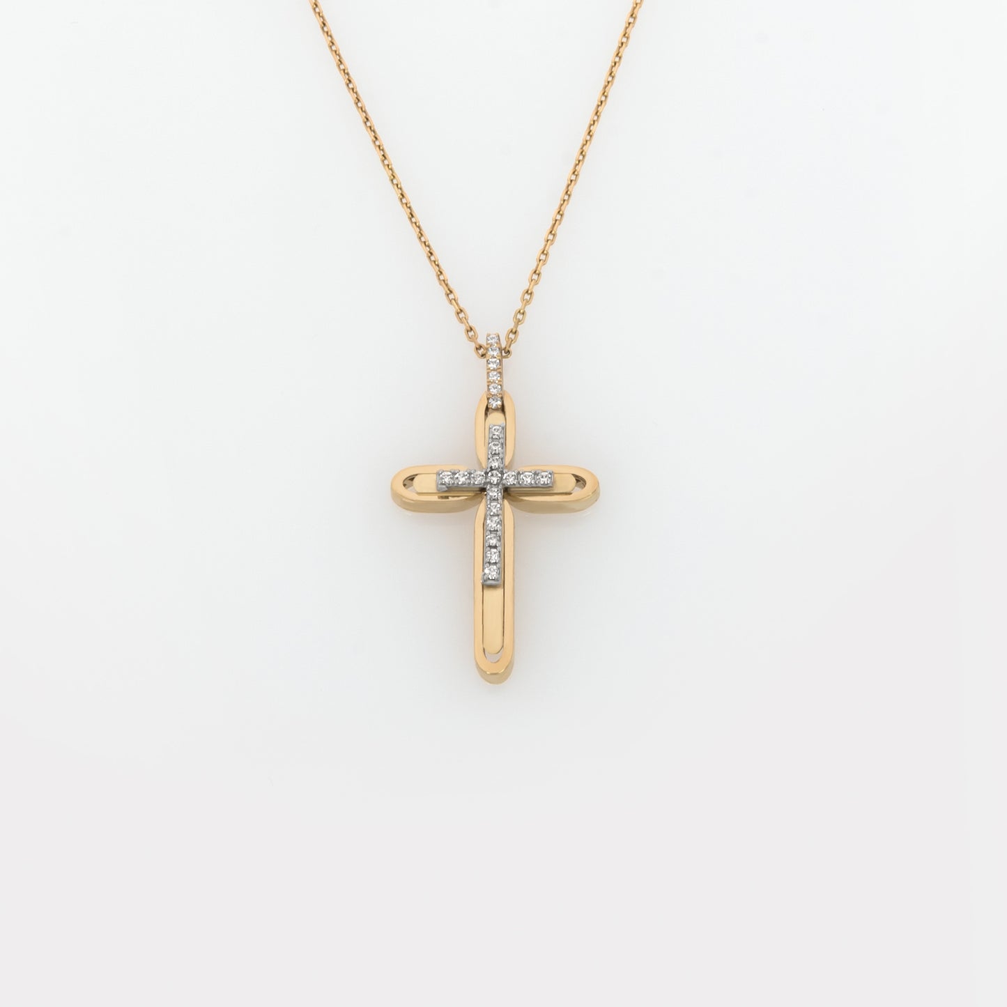 Yellow Gold 9K Double Layer Cross Pendant with White Zirconia – Polished & Matte Finish