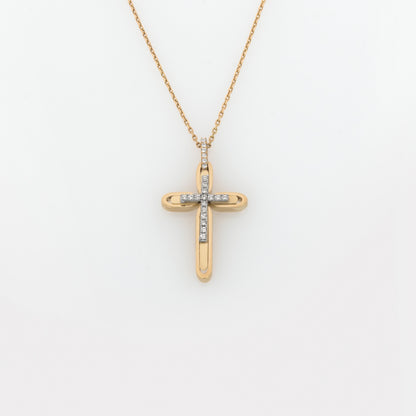 Yellow Gold 9K Double Layer Cross Pendant with White Zirconia – Polished & Matte Finish