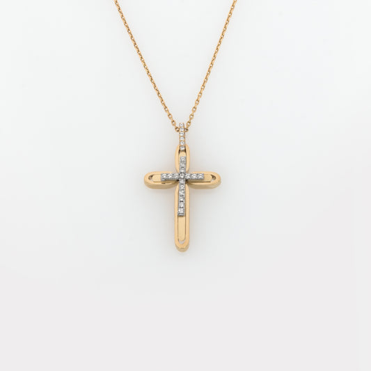 Yellow Gold 9K Double Layer Cross Pendant with White Zirconia – Polished & Matte Finish