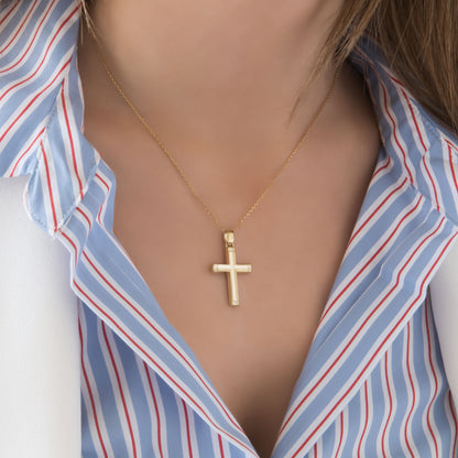 Yellow Gold 9K Double Sided Cross Pendant with Dual Finish & Baptism Engravin