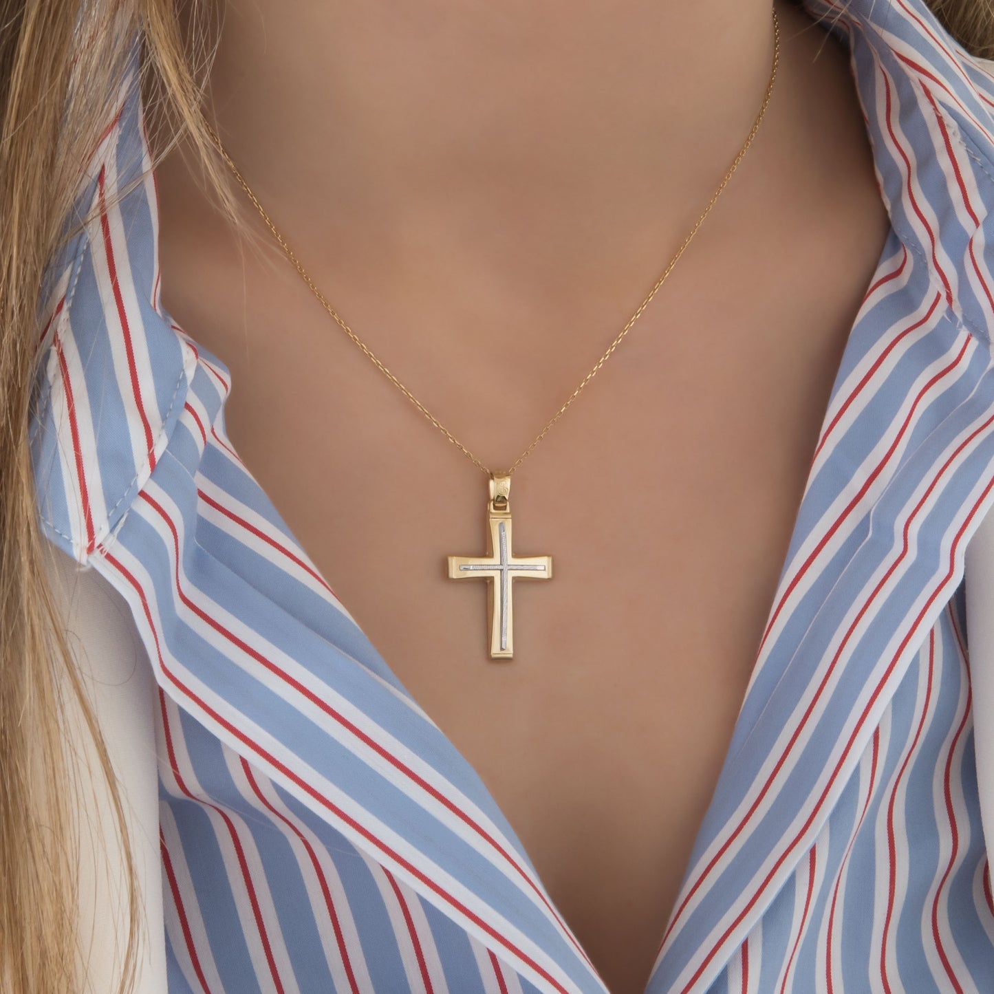 Yellow Gold 9K Two-Tone Cross Pendant with White Gold Textured Center