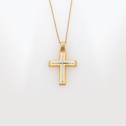 Yellow Gold 9K Two-Tone Cross Pendant with White Gold Textured Center