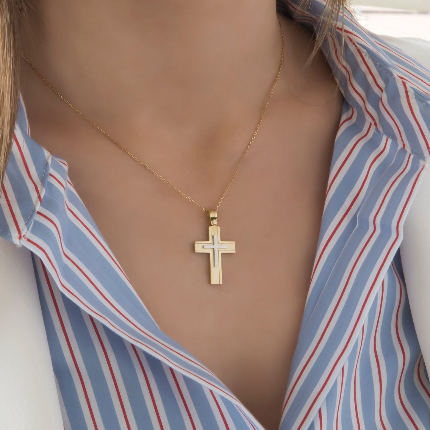 Yellow Gold 14K Flat Two-Tone Cross with White Gold Center – Polished & Matte Finish