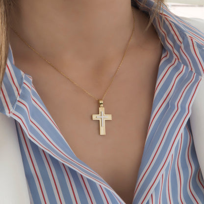 Yellow Gold 14K Flat Two-Tone Cross with White Gold Center – Polished & Matte Finish