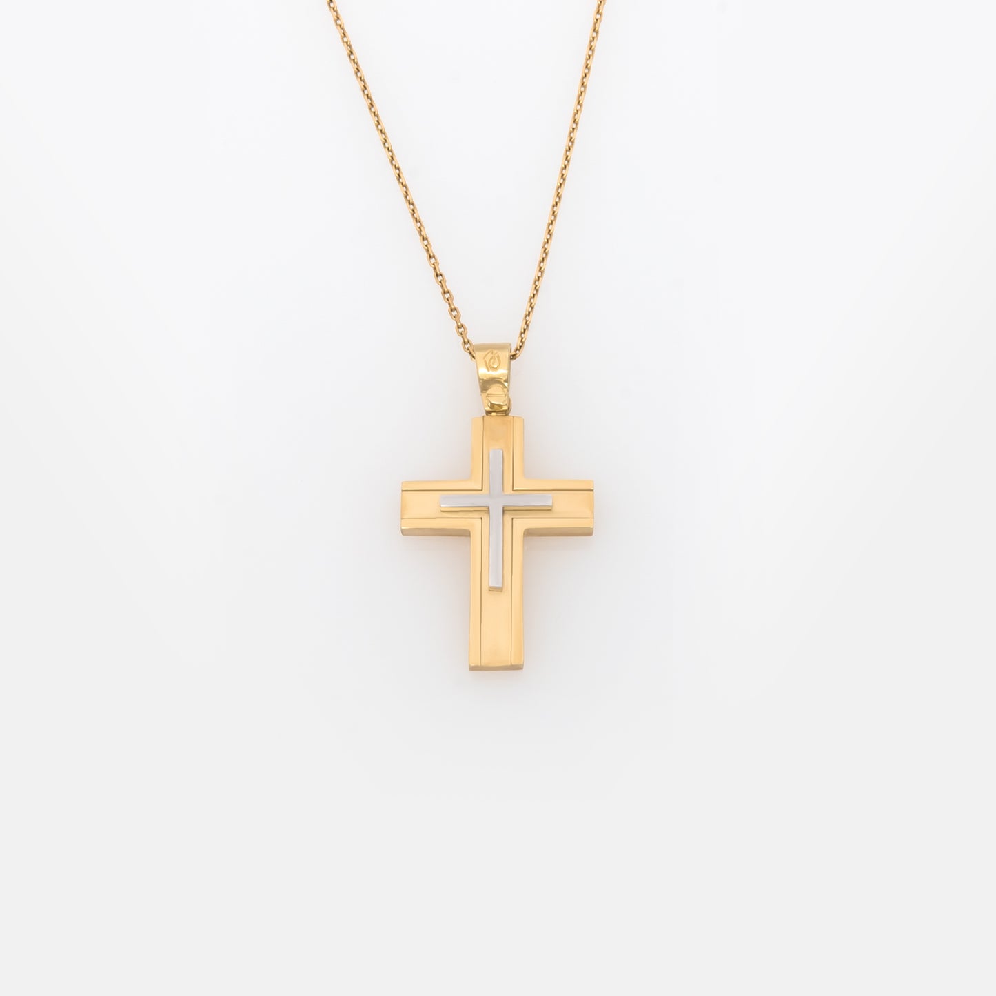 Yellow Gold 14K Flat Two-Tone Cross with White Gold Center – Polished & Matte Finish